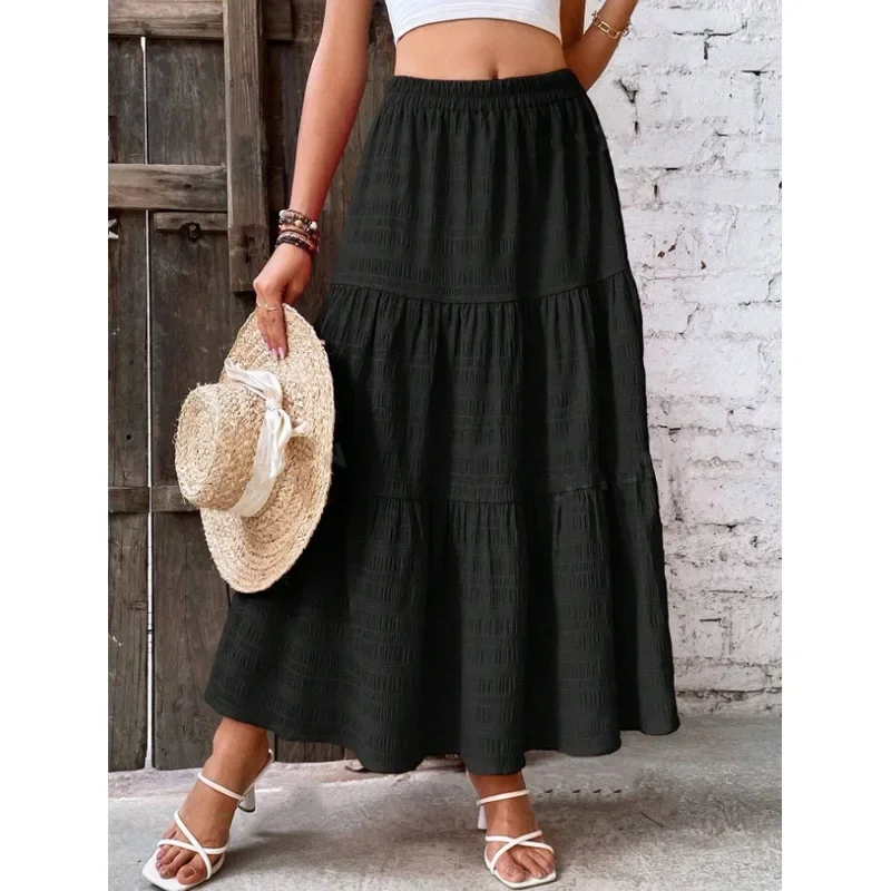2025 Spring Summer New Arrival Solid Color Ruched Casual Midi Skirt for Women Europe America Style Fashion Elegant High Waist A-