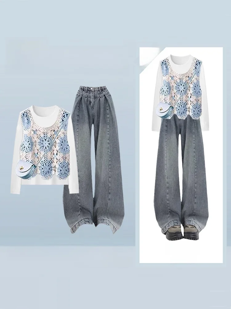 

Elegant High Waist Wide Leg Jeans Set Women's Long Sleeve T-Shirt Hollow out Vest Top And Bottoms Autumn Fashion Ensemble