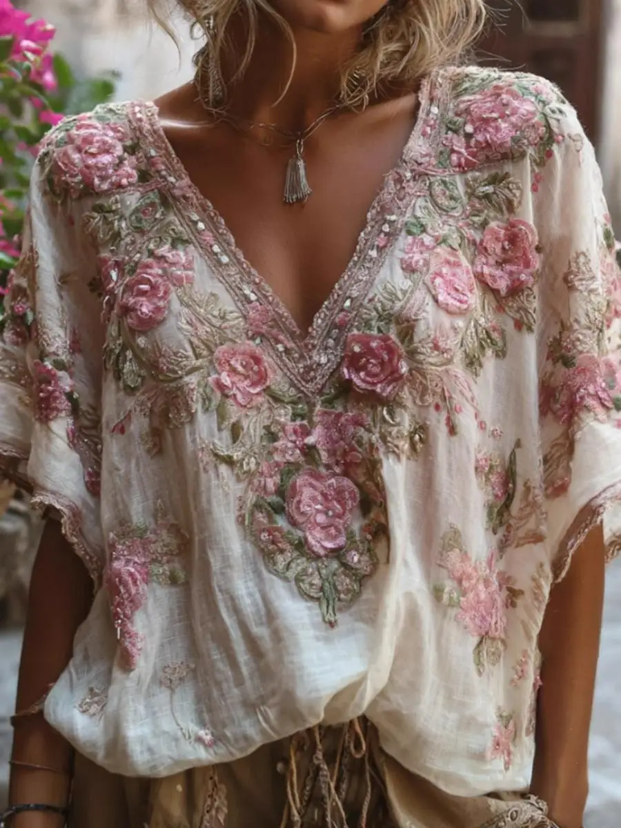 

Bohemian Floral Embroidered Blouse, V-Neck Batwing Sleeve Linen Blend Top