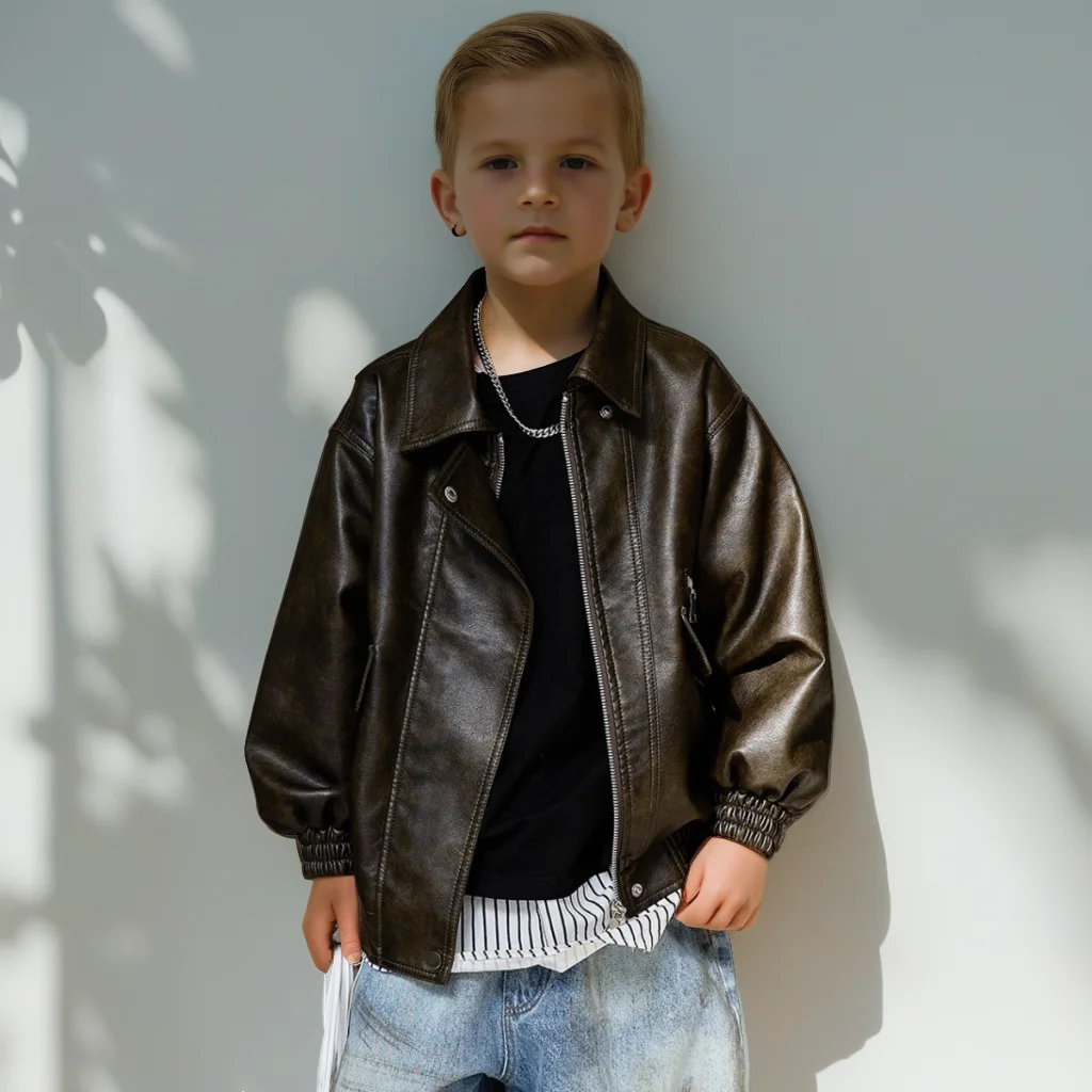 Teen Boys PU Leather Jacket Stylish Biker Motorcycle Coat for Kids Spring Autumn Casual All-Match Base Layer Boy Windproof Tops