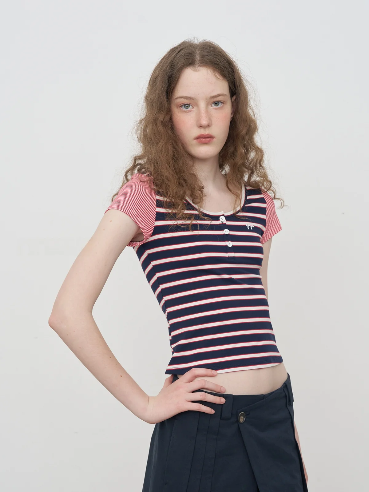 Riverstone plus Striped U-Neck Color Block Slim Fit Casual Short Sleeve T-Shirt Women's Summer New Style City Walk Commute Da...