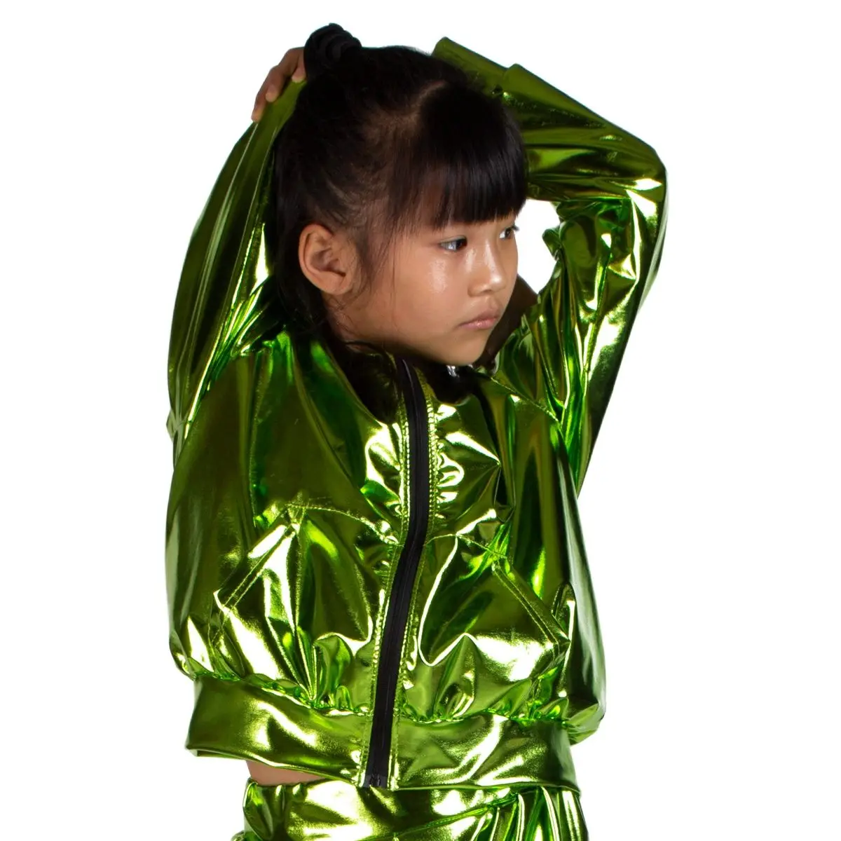 2023 Spring Autumn Kids Black Bomber Jacket Stage Performance Wear Paillette Feminina Casaco Light Green Hip Hop Dance Coat