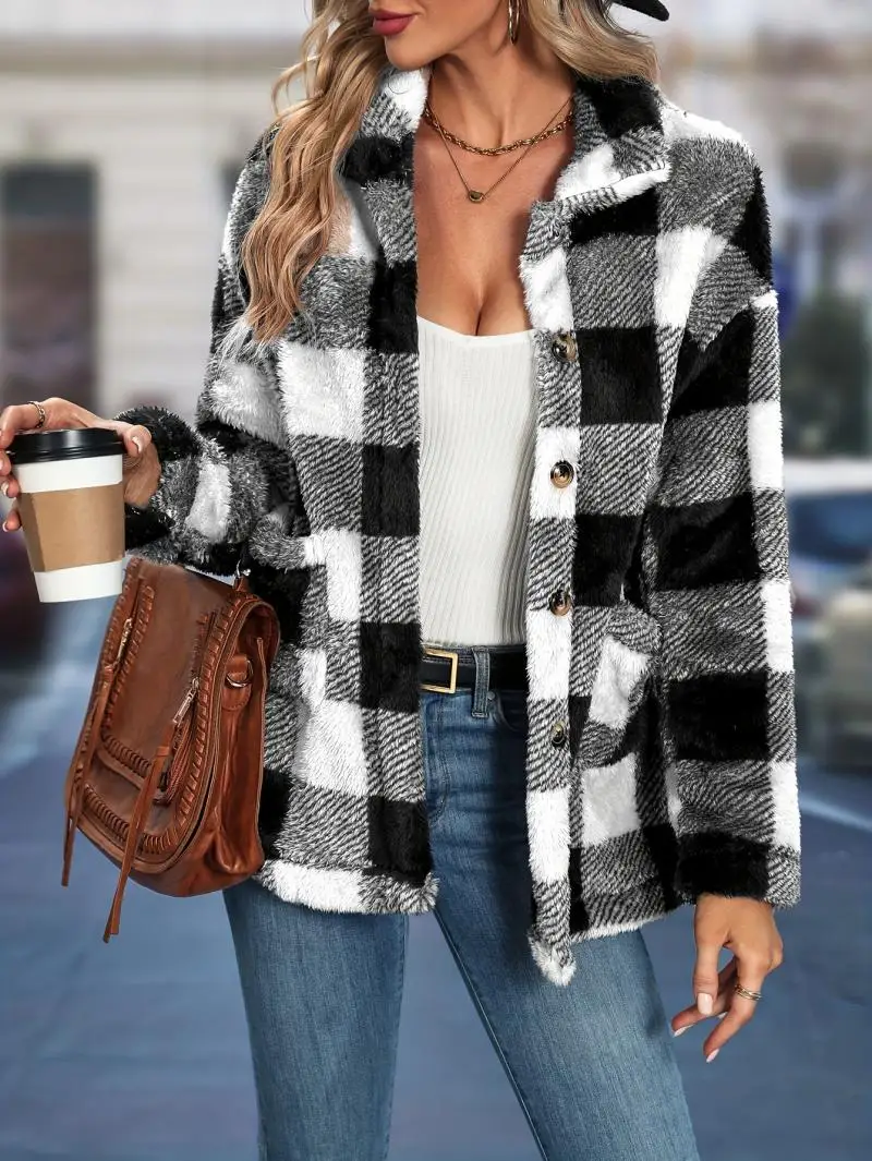Vintage Jacket for Women Coat Winter Outerwear Button Chequer Streetwear Fashion Pocketed Outfit Korean Autumn Female Clothes