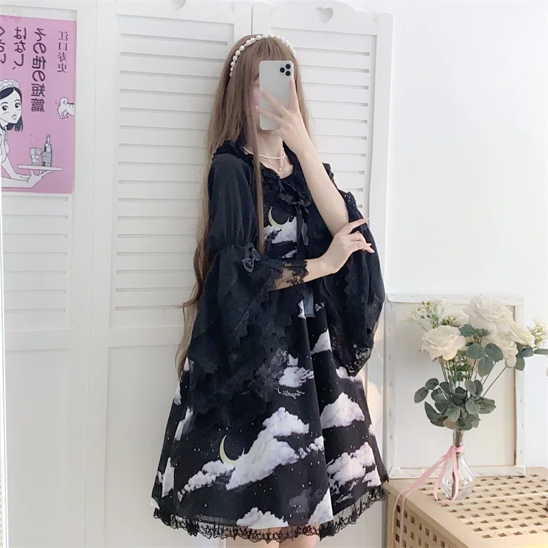 Fashion Women Sweet Kawaii Lolita Tops Flare Sleeve Lace Chiffon Blouse Innerwear Tops Summer Female Elegant Officewear Party