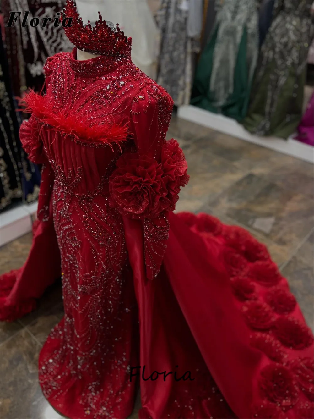 فساتين سهرة إسلامية عنابي برقبة عالية مع تدفق تنورة قابلة للانفصال مطرز بكريستال للحفلات الراقصة فساتين حفلات الزفاف حسب الطلب #2