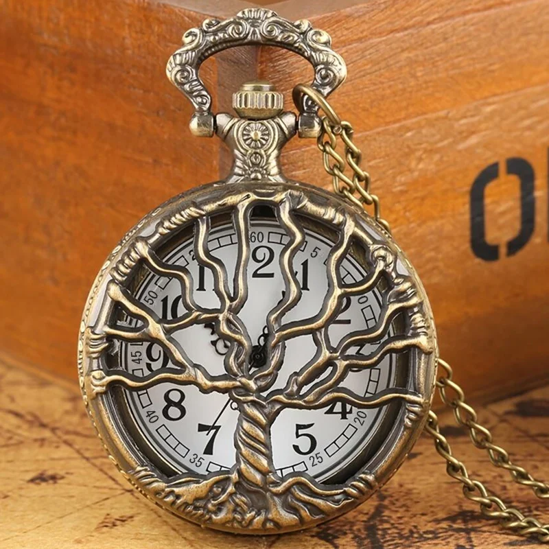 Hollow Tree of Life Shape Quartz Pocket Watch with Necklace Chain Retro Bronze Elegant Pendant Gift for Men Women Vintage Clock