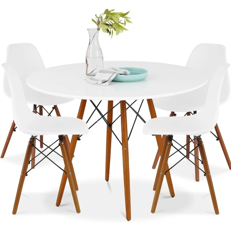 

5-Piece Dining Set, Compact Table & Chair Set for Home, Apartment w/ 4 Chairs, Plastic Seats, Wooden Legs, Metal Frame
