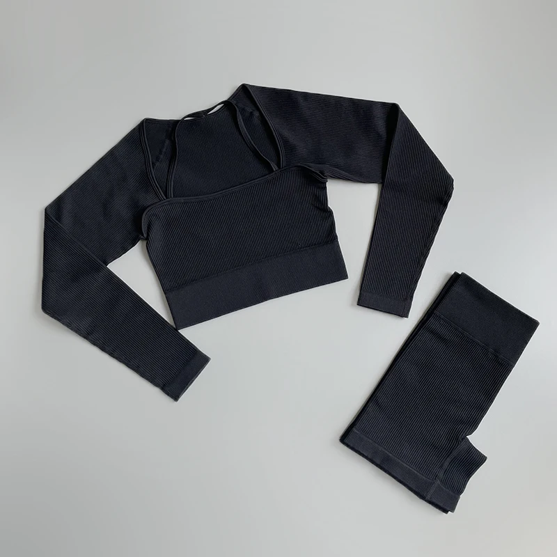 Workout Two Piece Set Women Ribbed Seamless Yoga Set Long Sleeve Crop Top Shirt High Waist Gym Shorts Fitness Outfits Suit