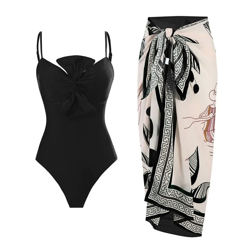 

2024 NewWith Printed Sarong Women Swimwear One Piece Swimsuit Female High Leg Cut Knotted Bather Bathing Suit Swim