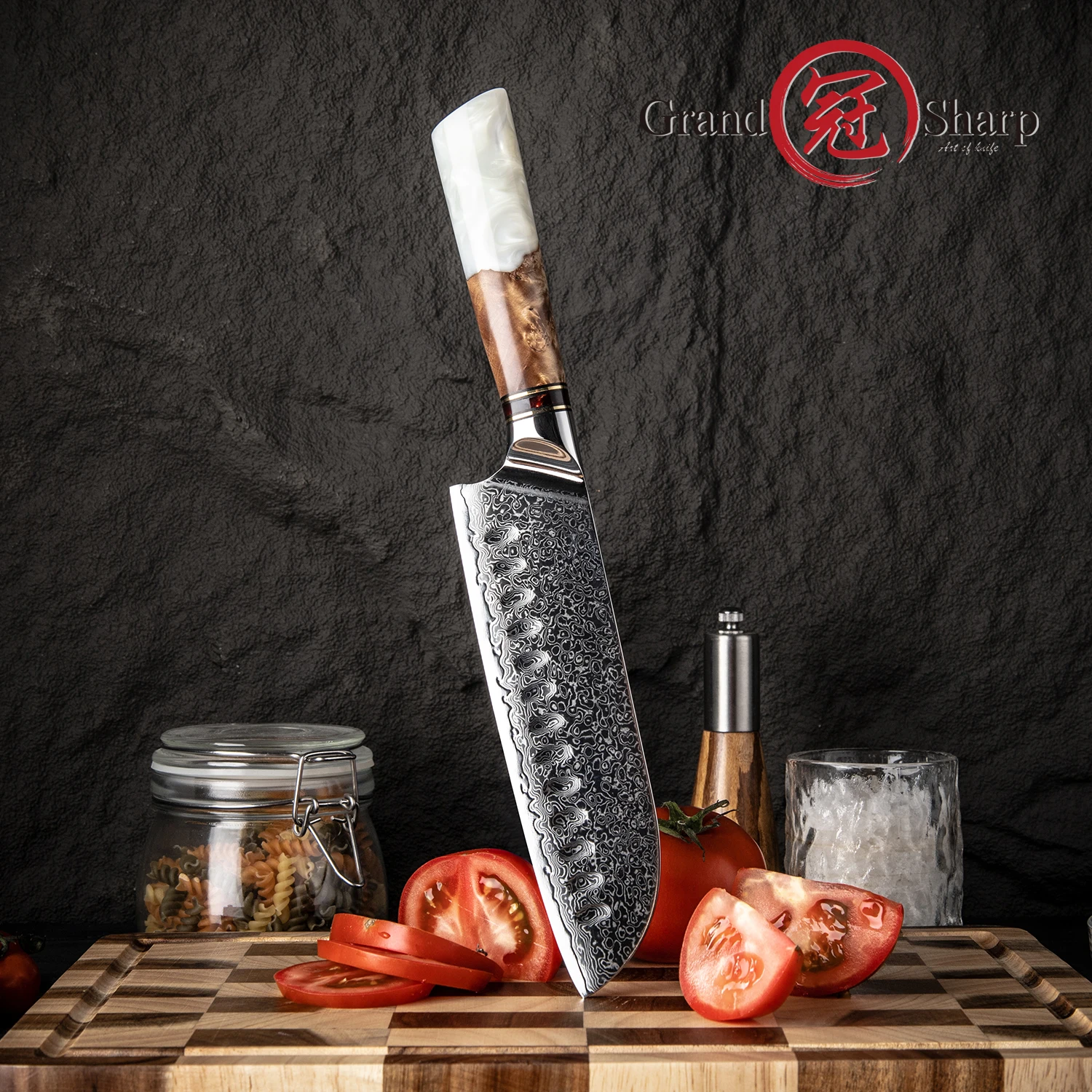

Grandsharp 7-дюймовый нож Santoku из высокоуглеродистой стали, 67 слоев дамасской стали, универсальная ручка шеф-повара из смолы, оливкового дерева с подарочной коробкой