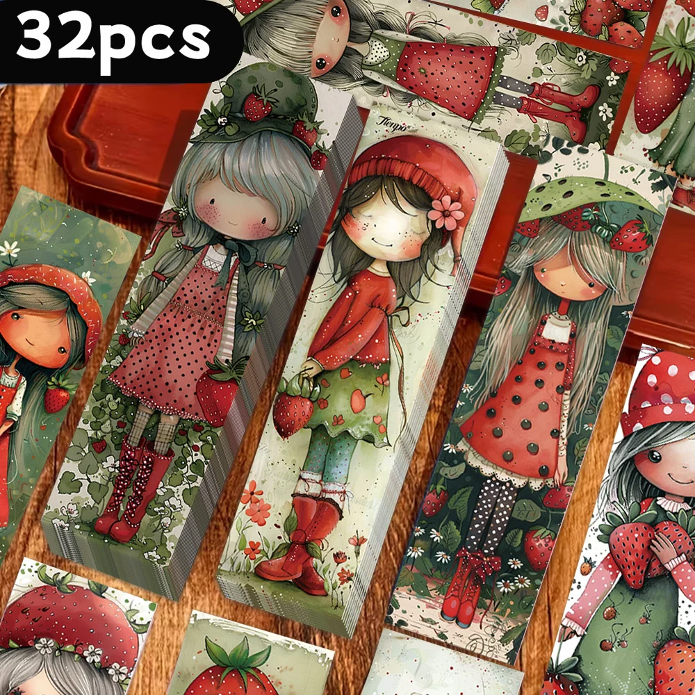 32 Stück, niedliche Lesezeichen mit Erdbeer-Mädchen-Motiv, Weihnachten, Geschenk für Lehrer, Geschenke für den Schulbeginn, kreative, künstlerische Designs.