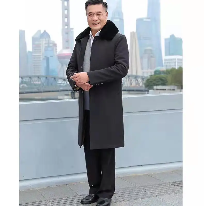 

Men's Cotton Jacket Winter Middle-Aged and Elderly Thickened Long Knee Length Detachable Fur Collar 2024 Plush Coat A245