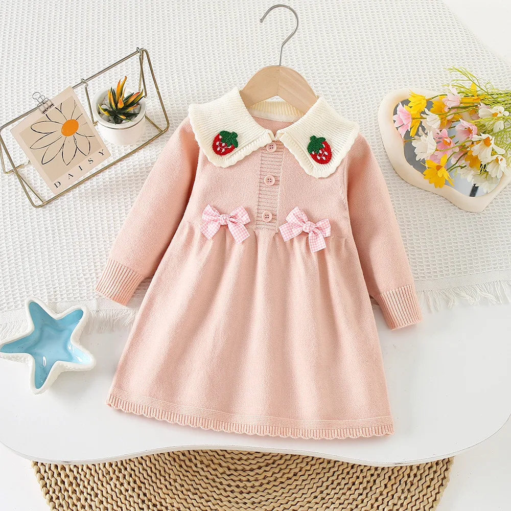 Bear Leader Autumn and Winter Knitted Red Sweater Dress Strawberry Collar Long Sleeved Bow Decoration Girls' Dresses