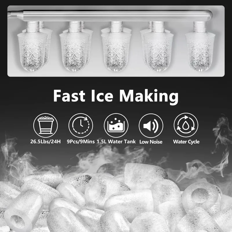 KUMIO Ice Makers-encimera de hielo, máquina portátil con cuchara de hielo y Bask, 9 balas gruesas listas en 6-9 minutos, 26,5 libras en 24 horas