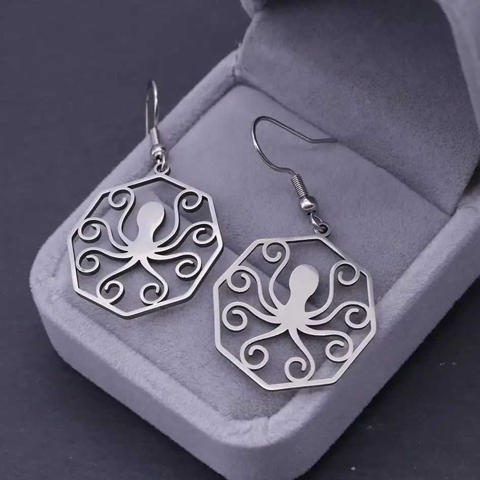 Creative Geometric Hand Carved Octopus Shaped Pendant Earrings for Women Fashion Festival Jewelry Accessories Gifts Silvery