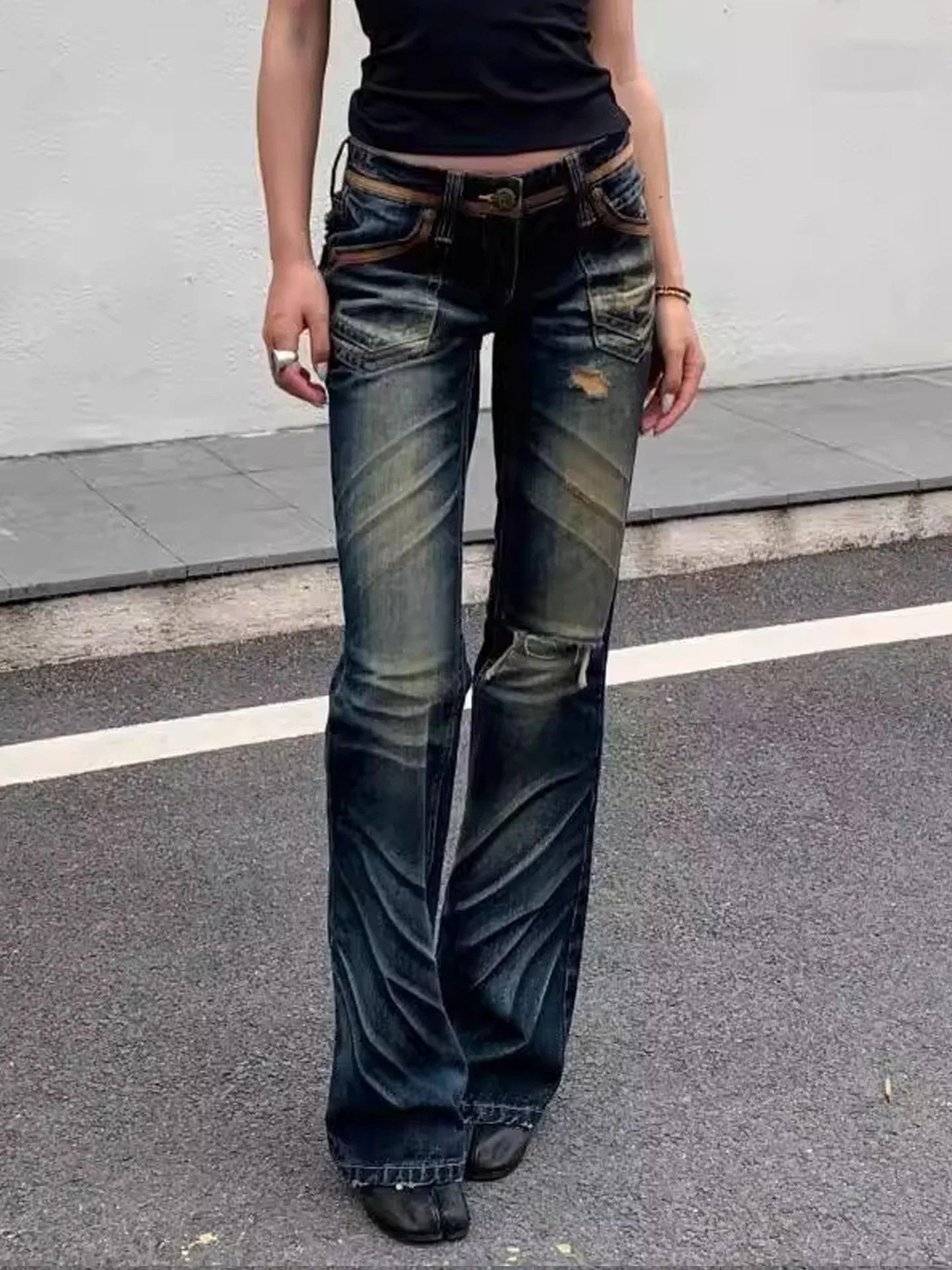 

American Retro Waed Paw Print Low Waist Straight Leg Floor Length Denim Jeans Women Summer New Sle Casual Wide Leg Pants