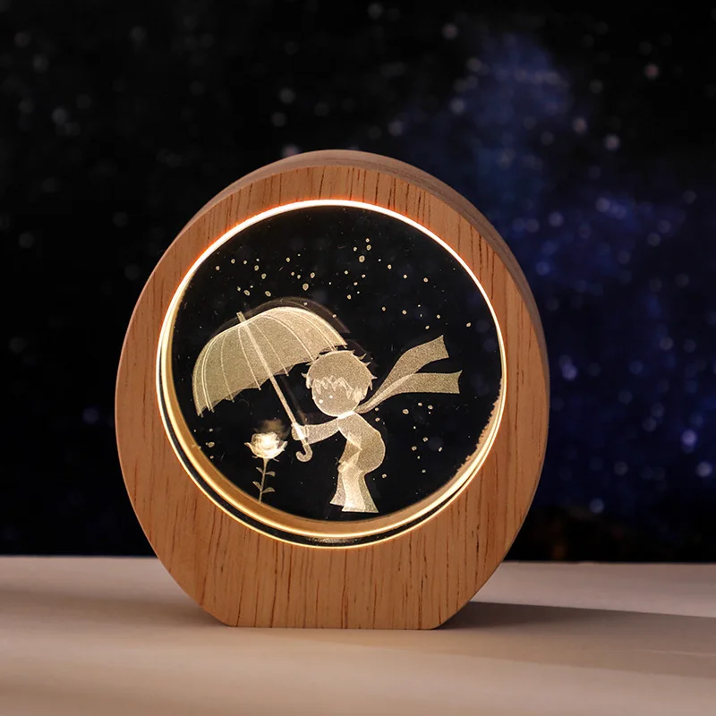 3D Laser Engraved Crystal With Wooden Light Up Base Night Light Desk Creative Decoration Birthday Gift Graduation Gift Perfect