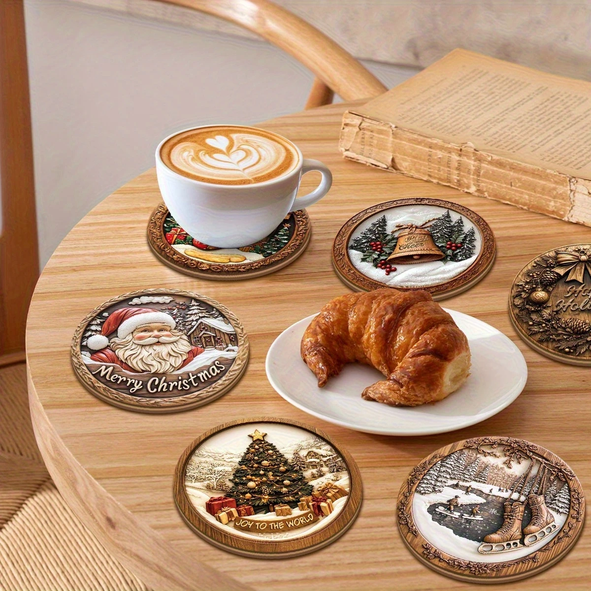 2D Retro Christmas 4in Wooden Coasters Heat-Resistant Decorative Tabletop Accessories with Festive Elements for Home Decor Gift
