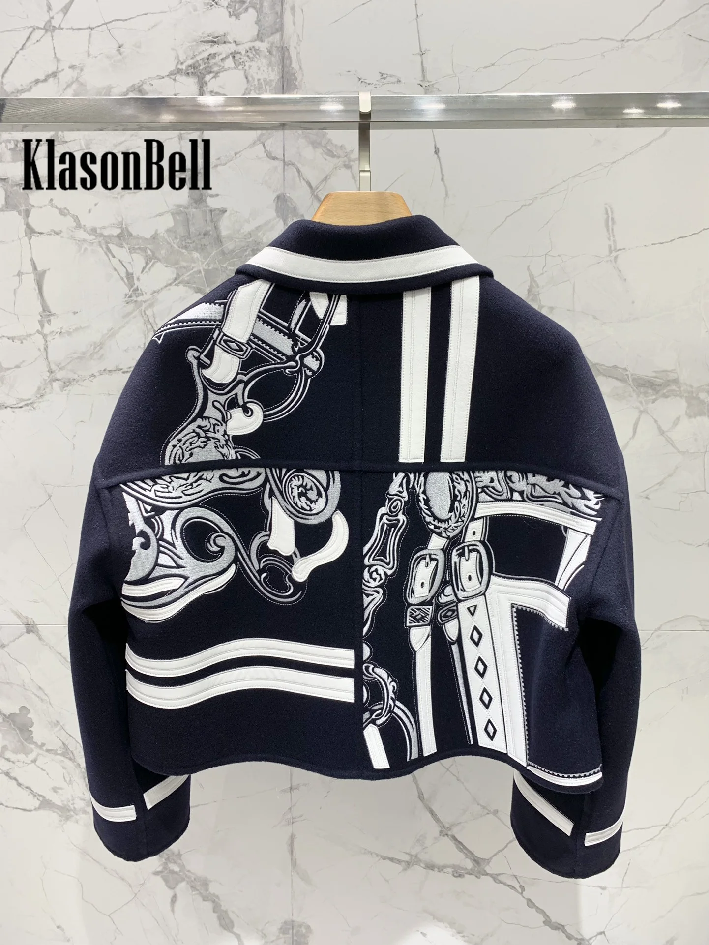 10.17 KlasonBell Women Clothes Fashion Leather Buckle Pattern Embroidery Zipper Jacket Lapel Loose Casual Cashmere Short Coat