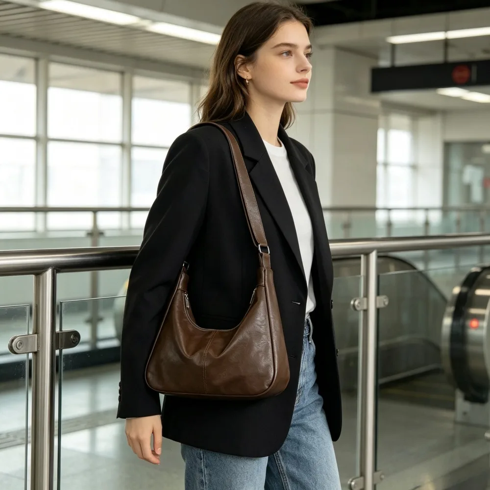 1‑Pack Vintage Brown Underarm Crossbody Bag, Soft PU Leather Fashion Hobo Sling Bag, Multi‑Purpose Daily Shoulder Purse, 33×23×11cm