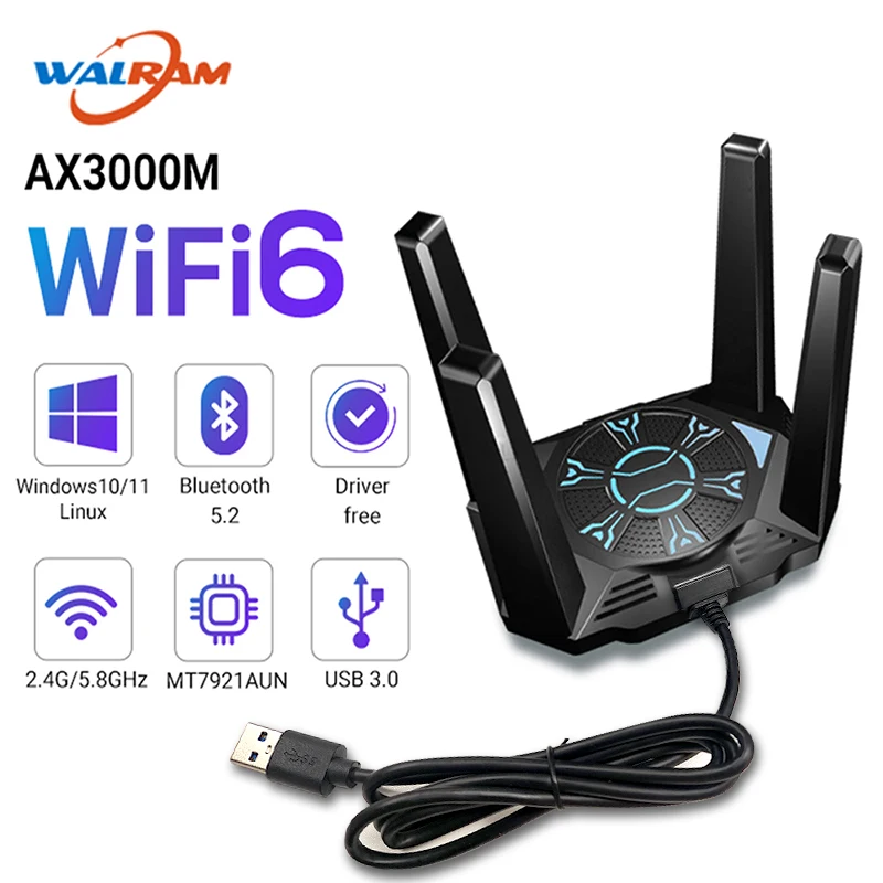 WALRAM 3000Mbps WiFi 6E USB WIFI6e Adapter USB3.0 BT 5.2 Dual Band 2.4Ghz/5.8GHZ WiFi Network Card Receiver Dongle For Win10/11