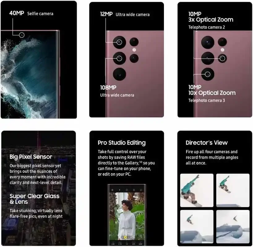 هاتف Samsung Galaxy S22 Ultra 5G S22U مقاس 6.8 بوصة 8 جيجابايت/12 جيجابايت + 128 جيجابايت/256/512 جيجابايت NFC S قلم هاتف ذكي غير مقفول بحالة ممتازة