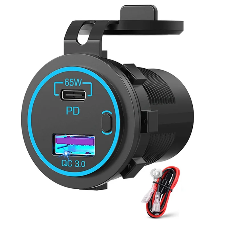 65W PD 12V USB Outlet for Laptop USB C Car Charger Socket Multi Port Outlet Waterproof Adapter for Car Boat Truck