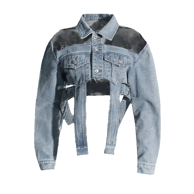 

Street Style Irregular 2024 New LapeL With Personalized Design, Hollowed Out Lace Up Denim Jacket For Women's Clothing