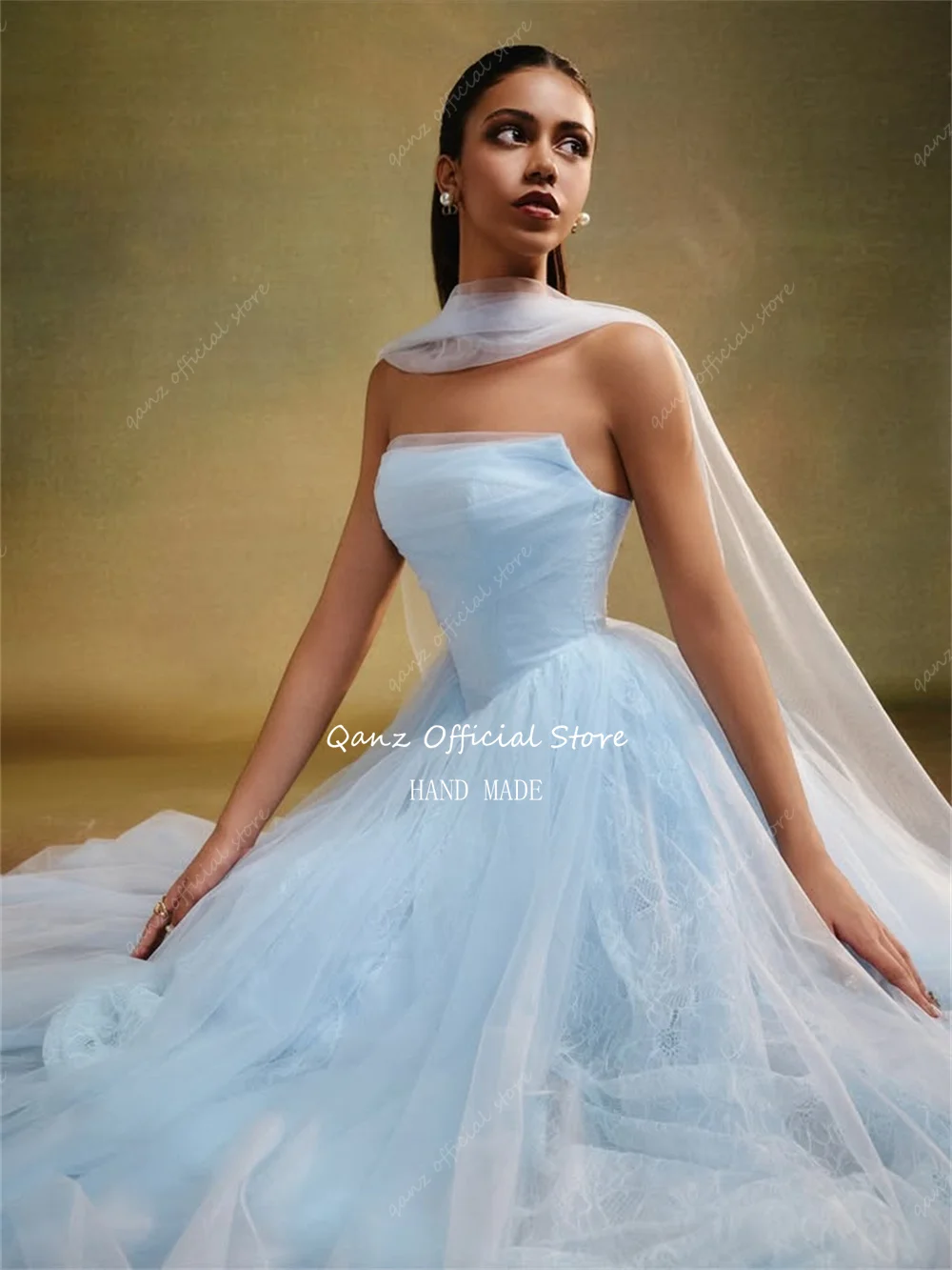 Qanz céu azul tule vestidos de noite uma linha rendas vestidos de fiesta elegantes 2025 tornozelo comprimento robe de soirée personalizado