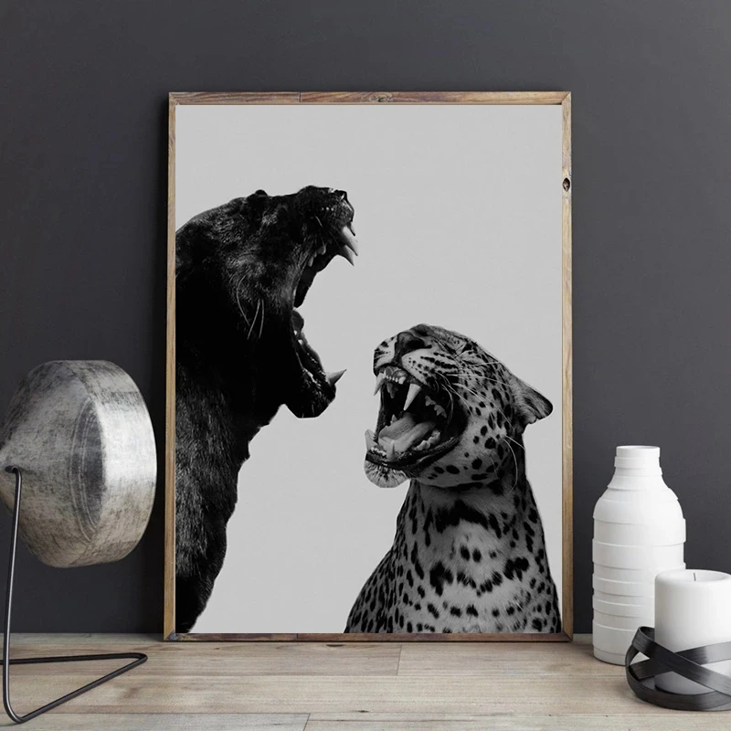 Luxury Black & White Tiger Panther Leopard and Jaguar Roar Poster Canvas Painting Print Wall Art Picture Living Room Home Decor