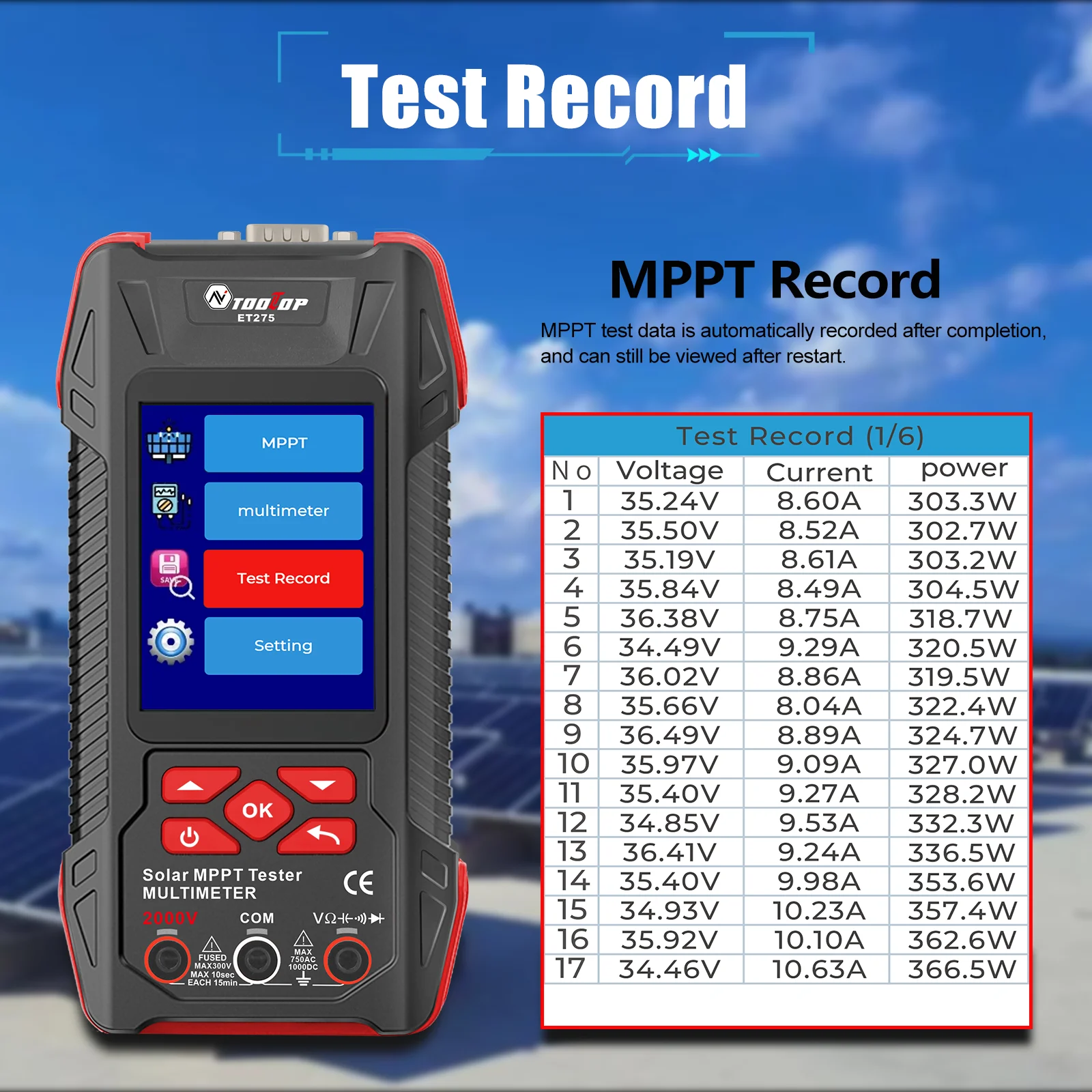 TOOLTOP Solar MPPT Power Tester Multimeter Photovoltaic Solar Power Meter Pmax Voc Lsc Test 3.2-inch MPPT Tester Current Voltage