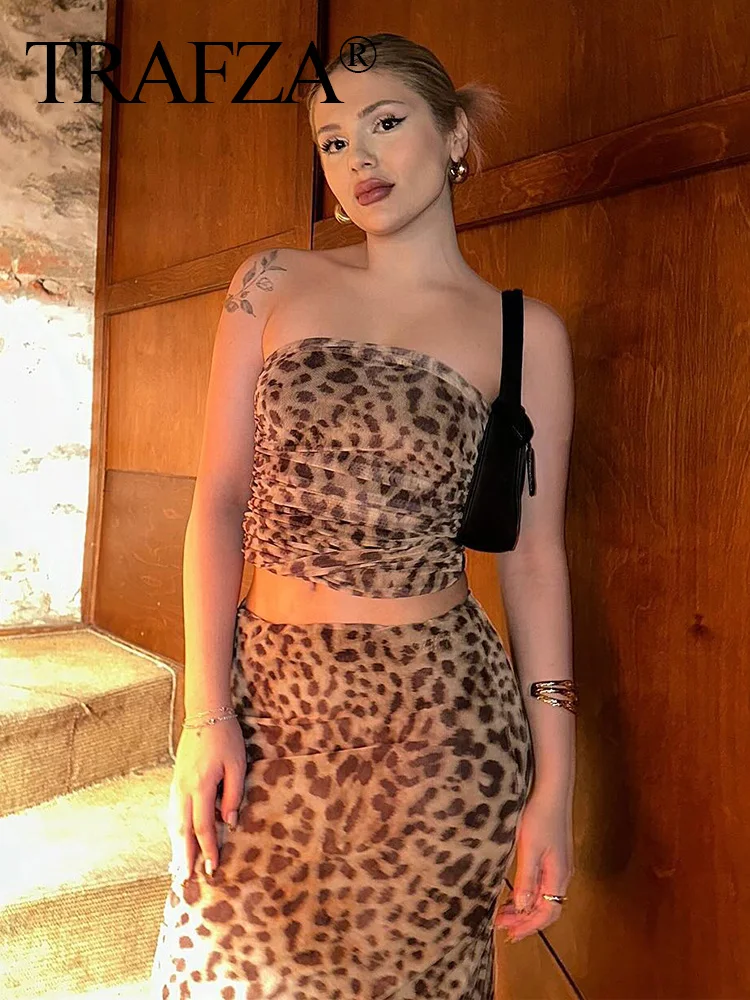 TRAFZA Summer Woman Leopard Print Skirt Sets Vintage Off Shoulder Slim Crop Tube Top Female Elegant High Waist Pencil Midi Skirt