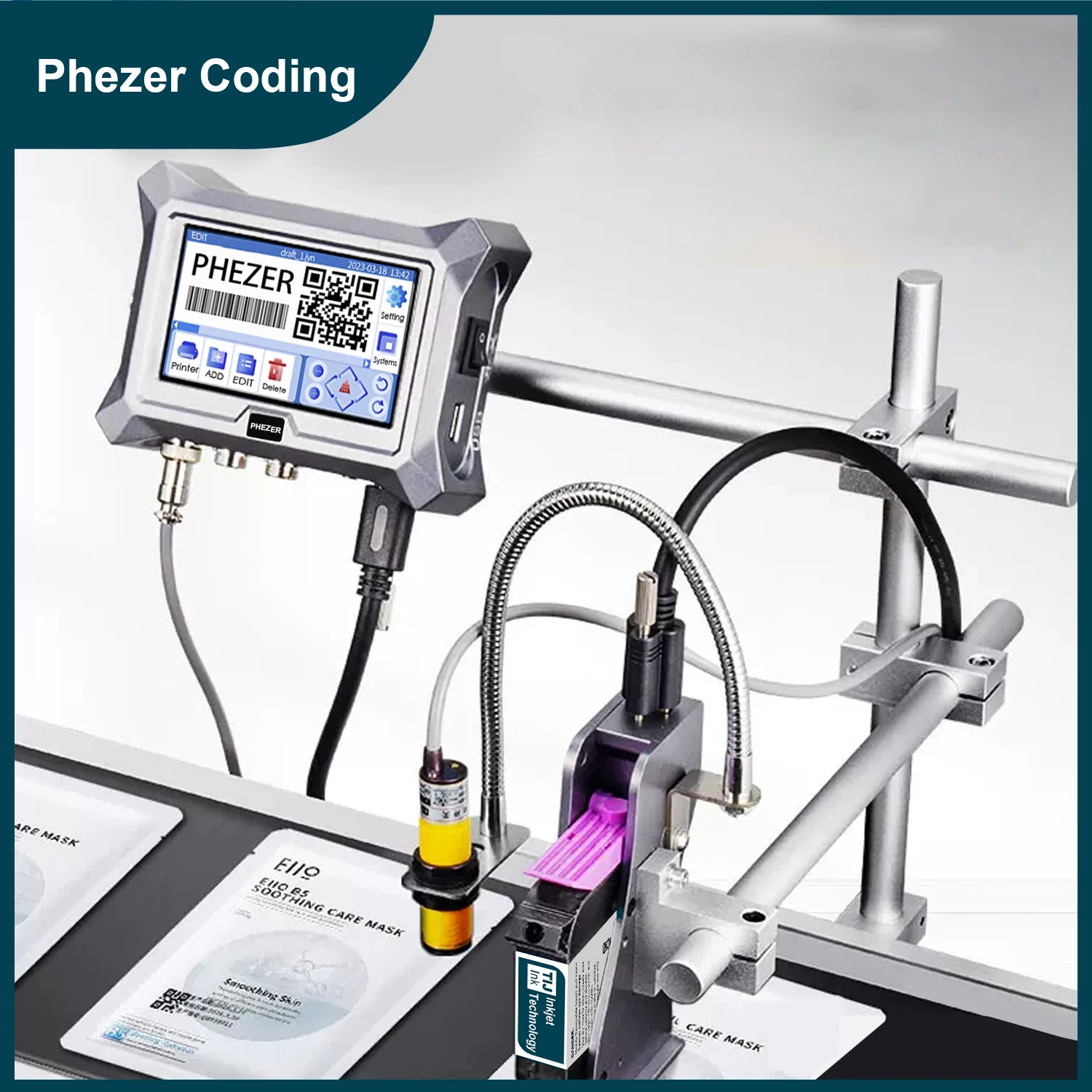 Impressora Jato de Tinta Phezer Online Impressora de Etiquetas Pf1 4.3 Screen qr Bar Código do Lote Número da Data Data de Expiração do Logotipo 12.7 mm 25.4 mm