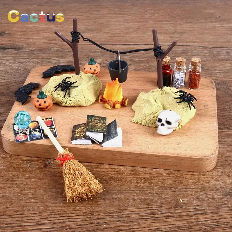 1Set 1:12 Dollhouse Miniature Halloween Horror Decor Toy Bat Skull Head  Broom Spider Pumpkin Head Magic Book Ornament DIY Toy