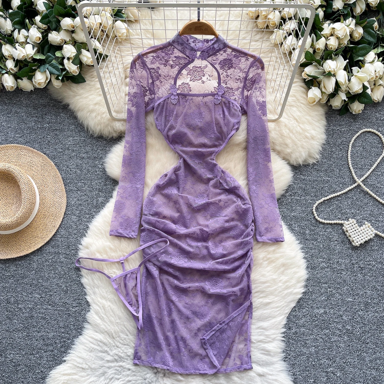 세련된 섹시한 수 놓은 메쉬 셔링 요정 연필 드레스 여름 여성 Boho Sundress 여성 의류