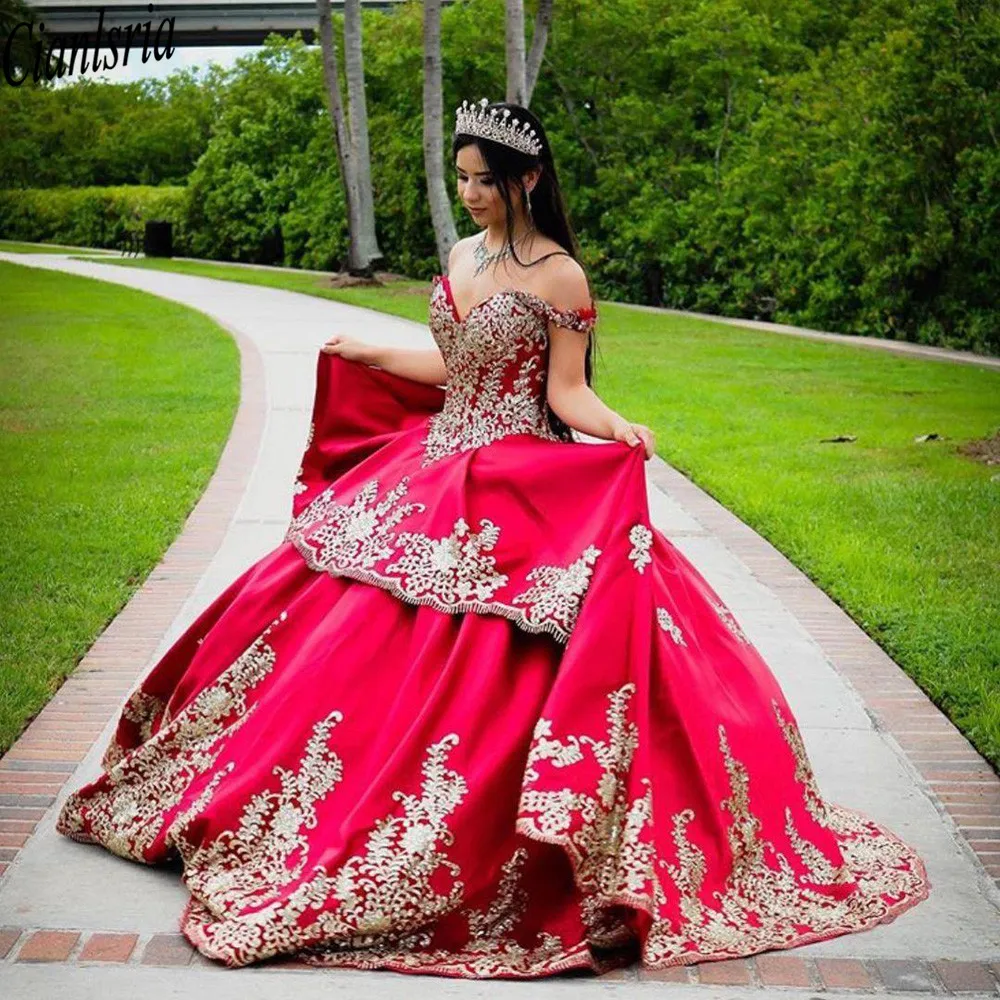 Red and Gold Embroidery Off Shoulder Quinceanera Prom Dresses Charro Ball Gown Satin Lace Applique with Sleeves Long Sweet 15