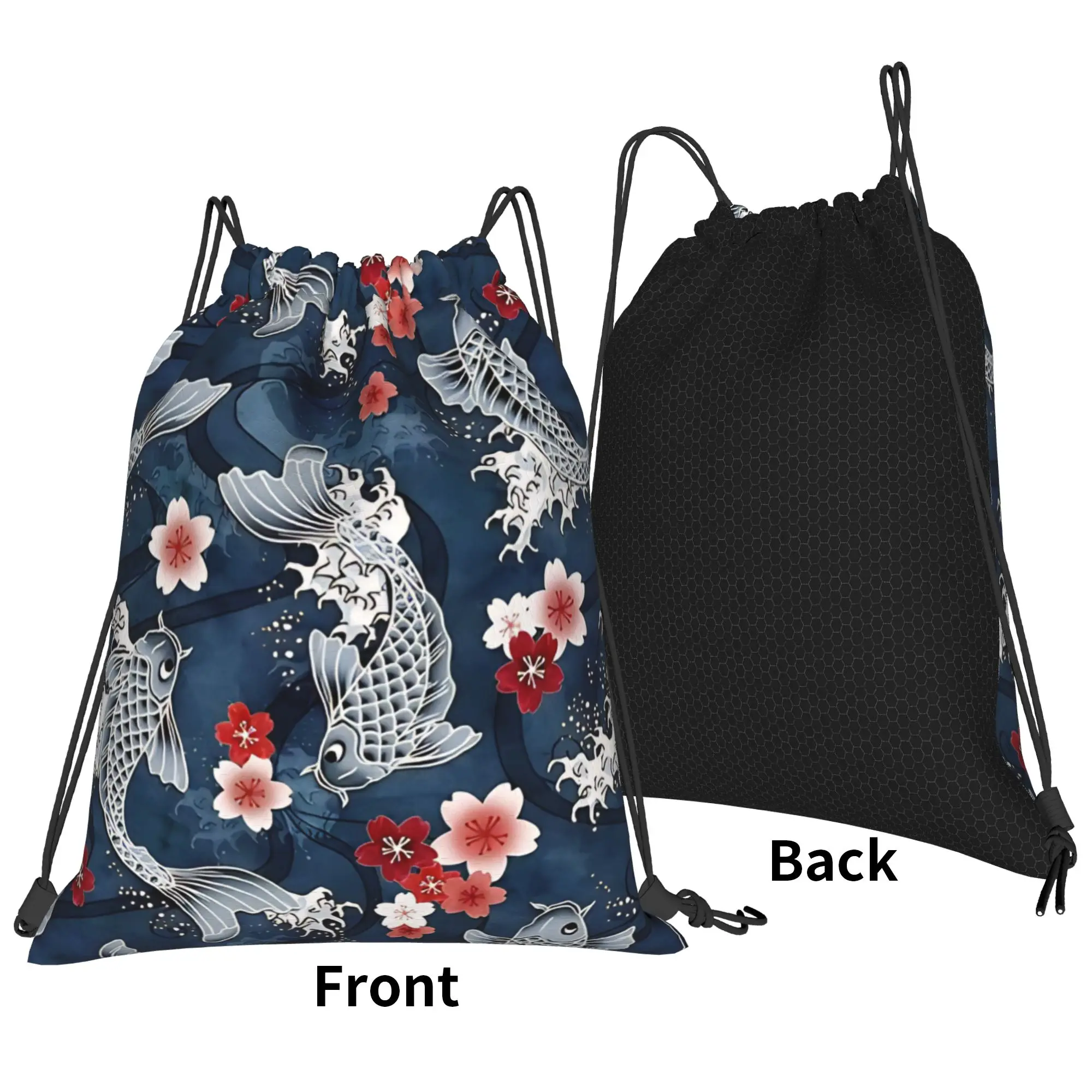 Floral Koi sakura blossom in blue Portable Sports Riding Gym Drawstring Storage Sporty Backpacks