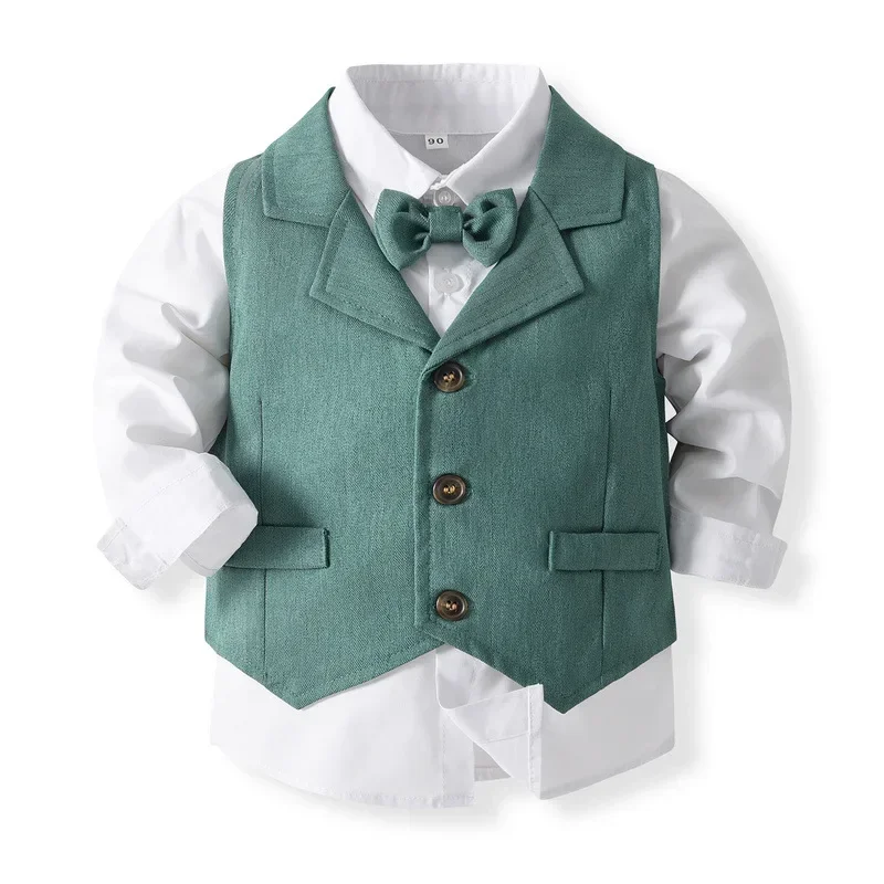 

Baby Boy Formal Suit Gentleman Clothes Sets Autumn Children Birthday Wedding Party Dress Suit Sets Bowtie Shirt+Vest+Trouser Set