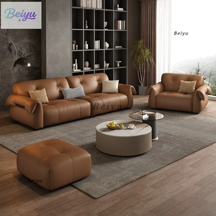 

New Italian minimalist elephant ear leather art sofa leather living room sofa small apartment straight row black leather sofa