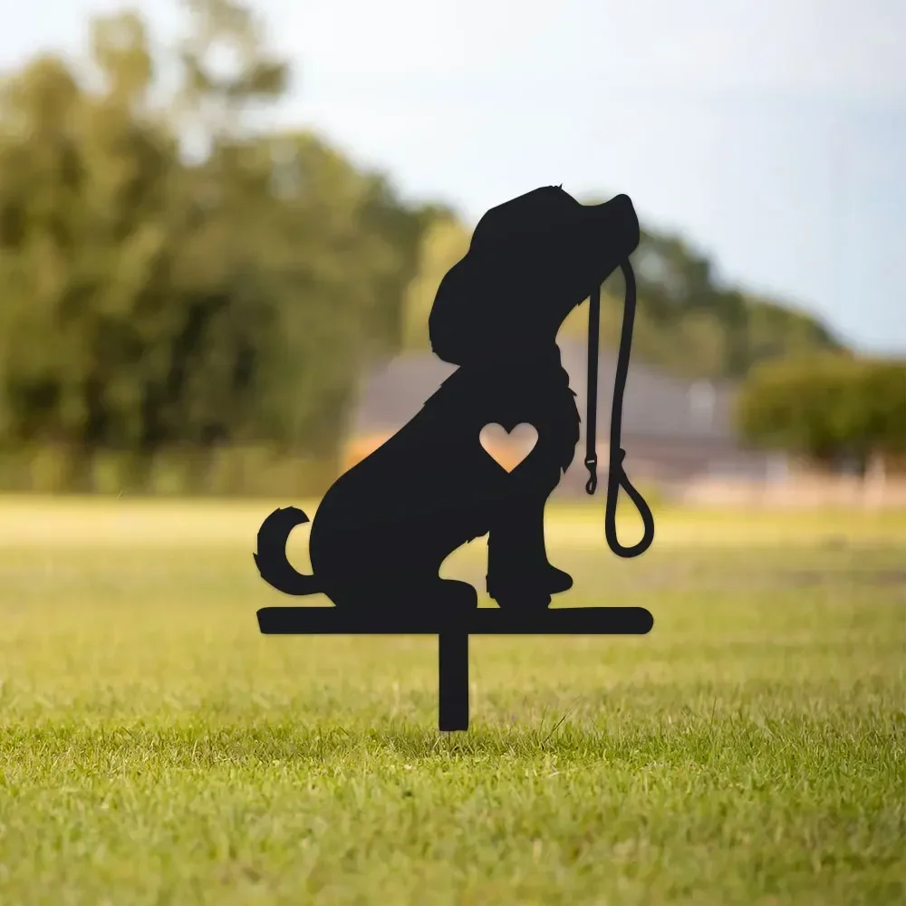 1pc Metallic Dog Biting Rope Laser Engraved Home Decorative Animal Silhouette Art Ornament Iron Handicraft Lawn Decoration 1pc