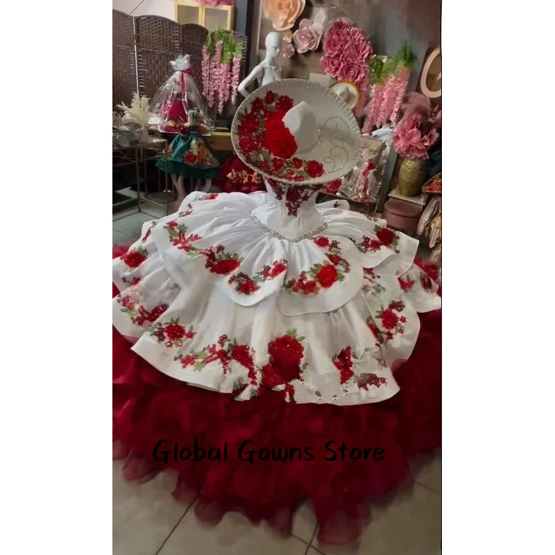 White Red Mexican Charro Quinceanera Dresses 2025 Luxury Sweetheart Floral Embroidery Ruffles Corset custom bestido de 15 años