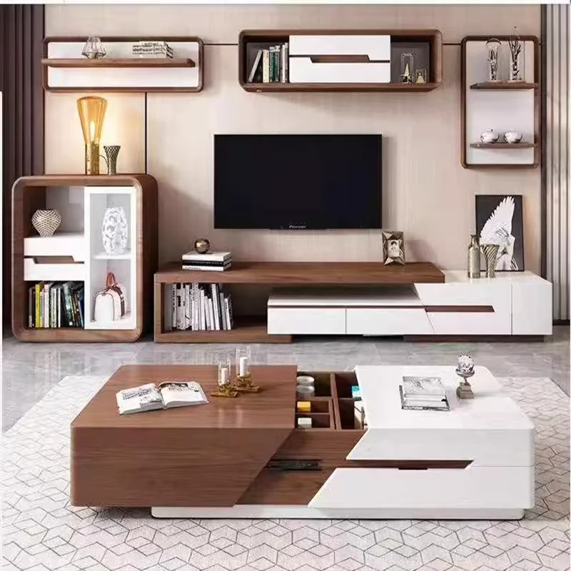 

@#2025 Modern Walnut Coffee Table Tv Cabinet Extendable Rectangle Coffee Table Luxury Tvstand with Storage Hidden Storage Space