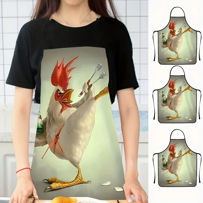 Colorful Rooster Print Apron - Durable Polyester, Sleeveless Design For Cooking & Cleaning