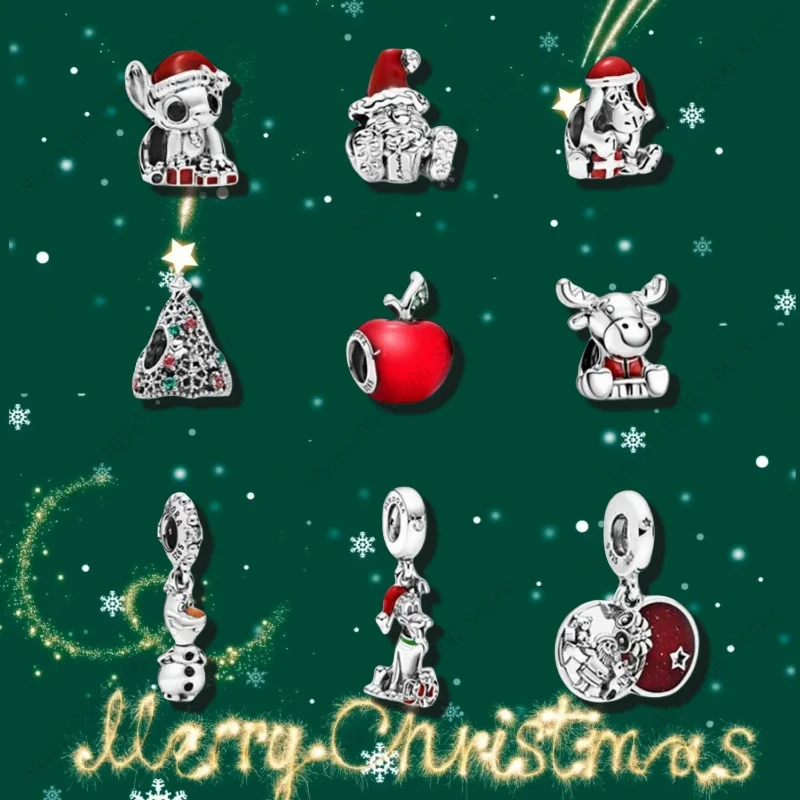 

1 Set Disney Stitch Silvering Christmas Tree Dog Charm of Ley Chain Beaded Fit Frozen Original Pan Bracelet DIY Ladies Jewelry