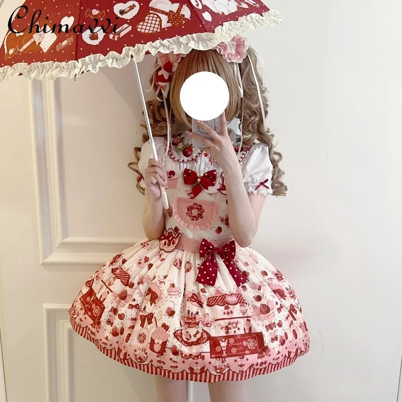 Robe princesse Lolita originale pour filles, à bretelles, avec nœud mignon, imprimé de dessin animé, taille haute, Kawaii, pour femmes, nouvelle collection automne 2025