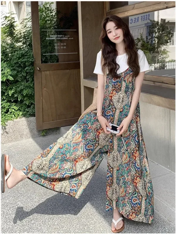Summer 2025 Women's Bohemian Style Casual All-Match Color Block Print One-Piece Pants High Waist Loose Fit Commute Fashion