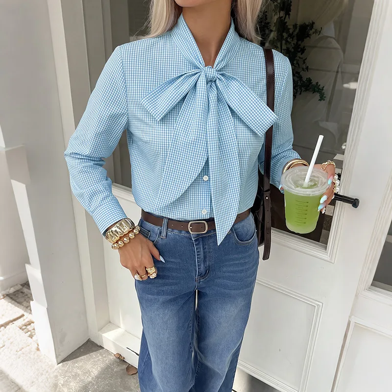 2026 New Fresh and Gentle Style Bow Collar Long-sleeved Shirt