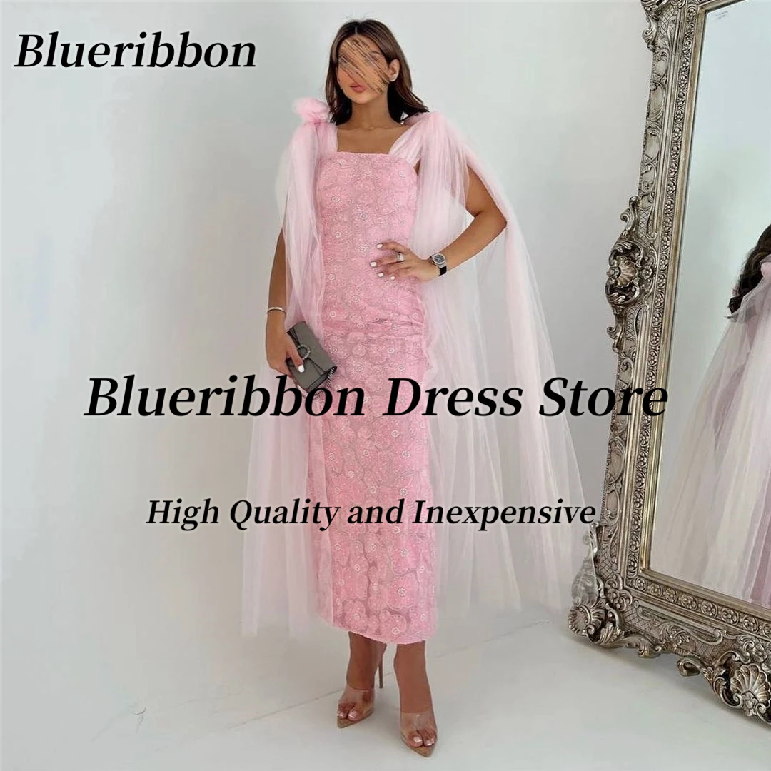 

Blueribbon Pink Lace Ankle Length Prom Dresses 2024 Soft Tulle Off Shoulder Flutters Birthday Party Special Banquet Gowns