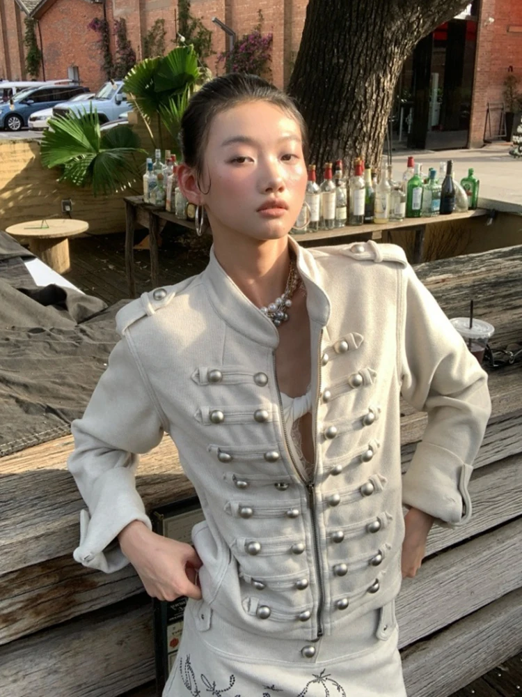 ReddaChic Western Napoleon Jacket Skirt Women 2-piece Set Retro Low Rise Mini Skirt Stand Collar Crop Jacket Punk Streetwear