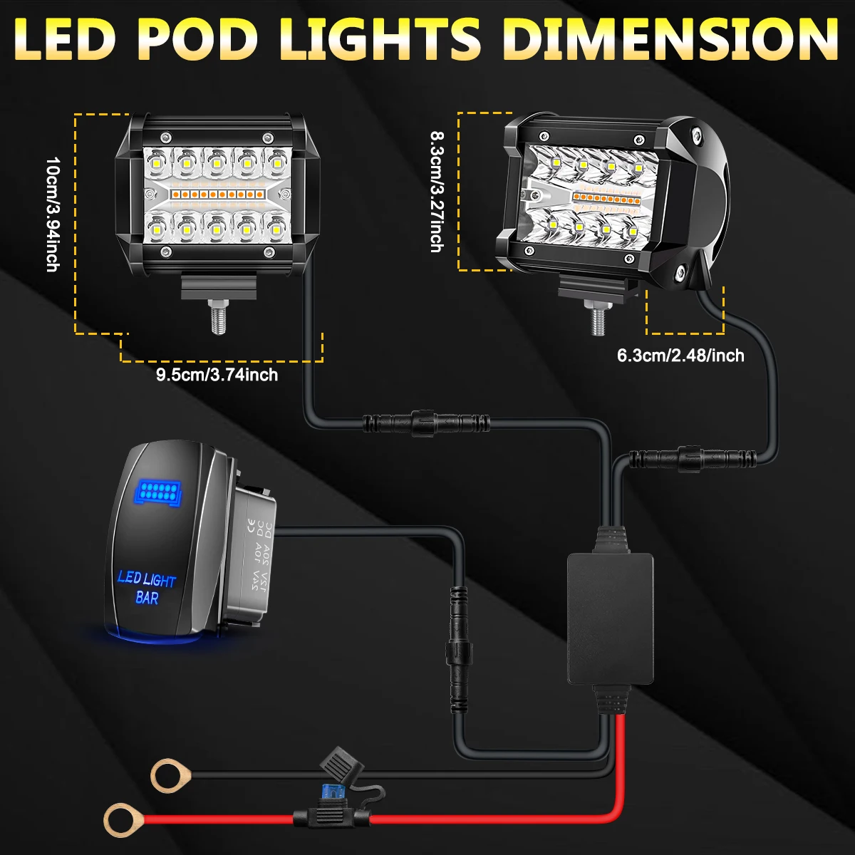 2PCS 4Inch  LED Pods Spot Flood Amber White Light Bar Strobe 6 Modes Memory Function Off-Road Truck Car ATV SUV Cabin Boat